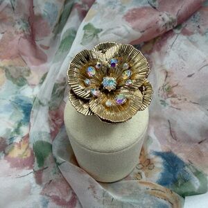 Vintage Gold Flower Ring  with AB Crystal Accents